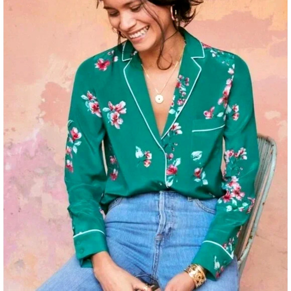 Sezane 4 Elisa 100% Silk Pajama Blouse Floral White Piping Covered Buttons Green - Picture 1 of 8